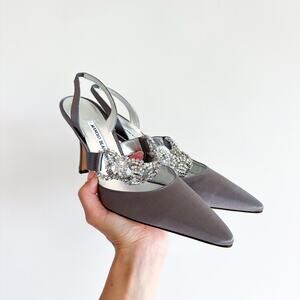 Manolo Blahnik Lurum Satin Crystal Embellished Pumps Gray 38.5